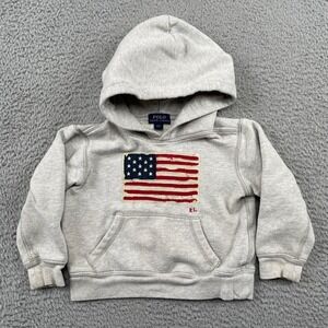 Polo Ralph Lauren Hoodie Unisex 3T Grey American Flag Patch Fleece Pullover